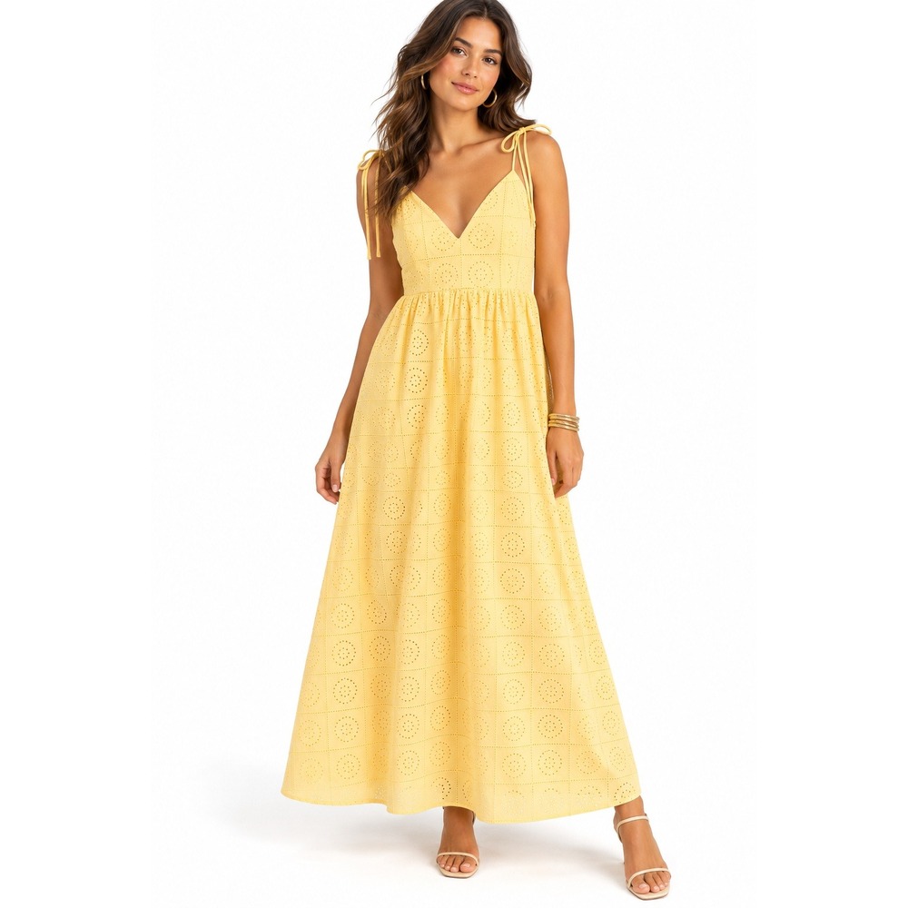 HM Yellow Eyelet Cotton Maxi Dress V-Neck Smocked Tie Strap Summer Med NWT